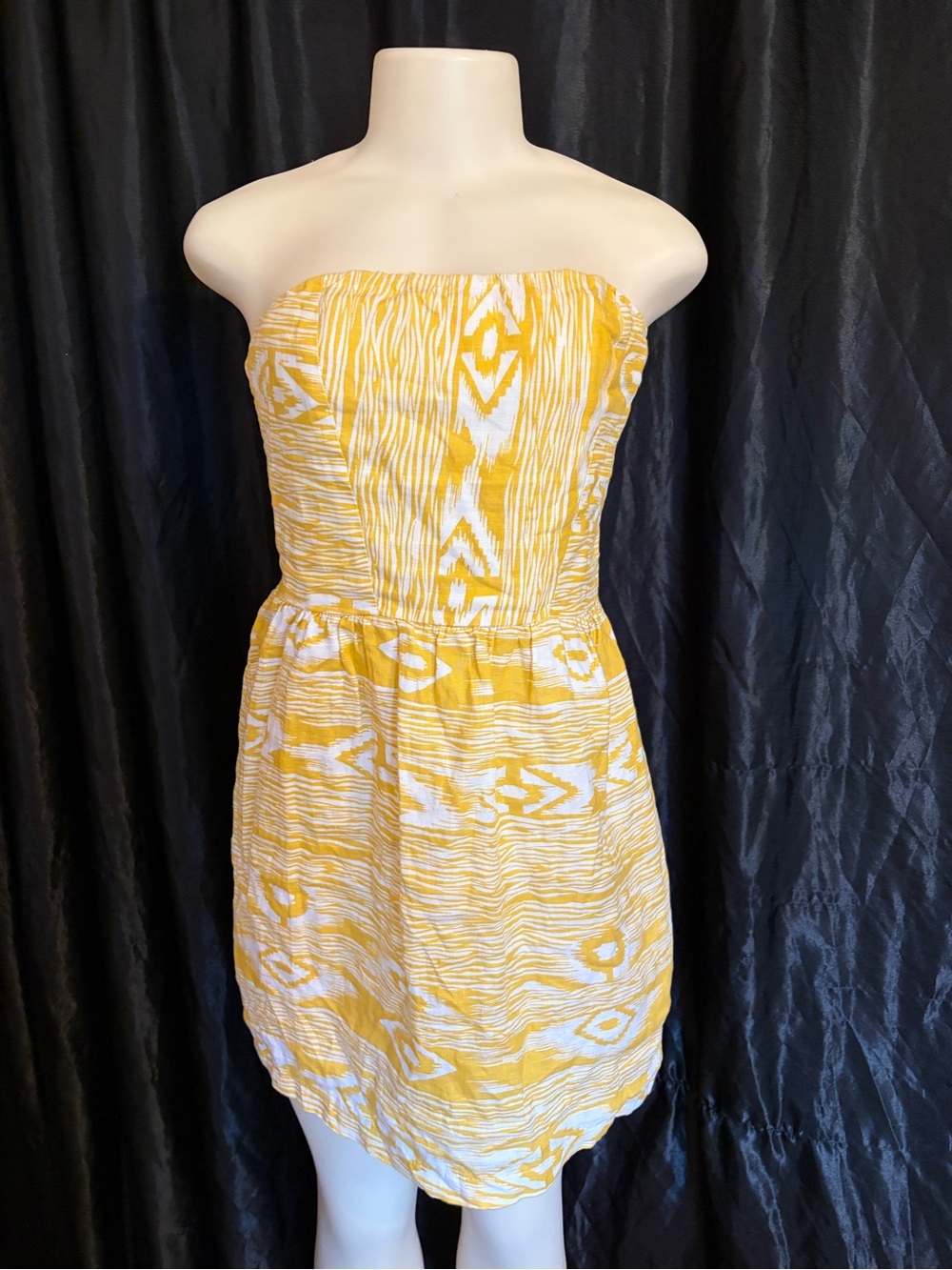 Coveted Clothing Yellow and White Strapless Ikat Sundress